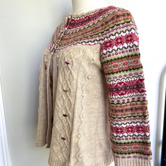 Derhy Cardigan Sweater ¾ Sleeve Hand Embroidered Wool Alpaca Cream Fair Isle - Picture 2 of 11